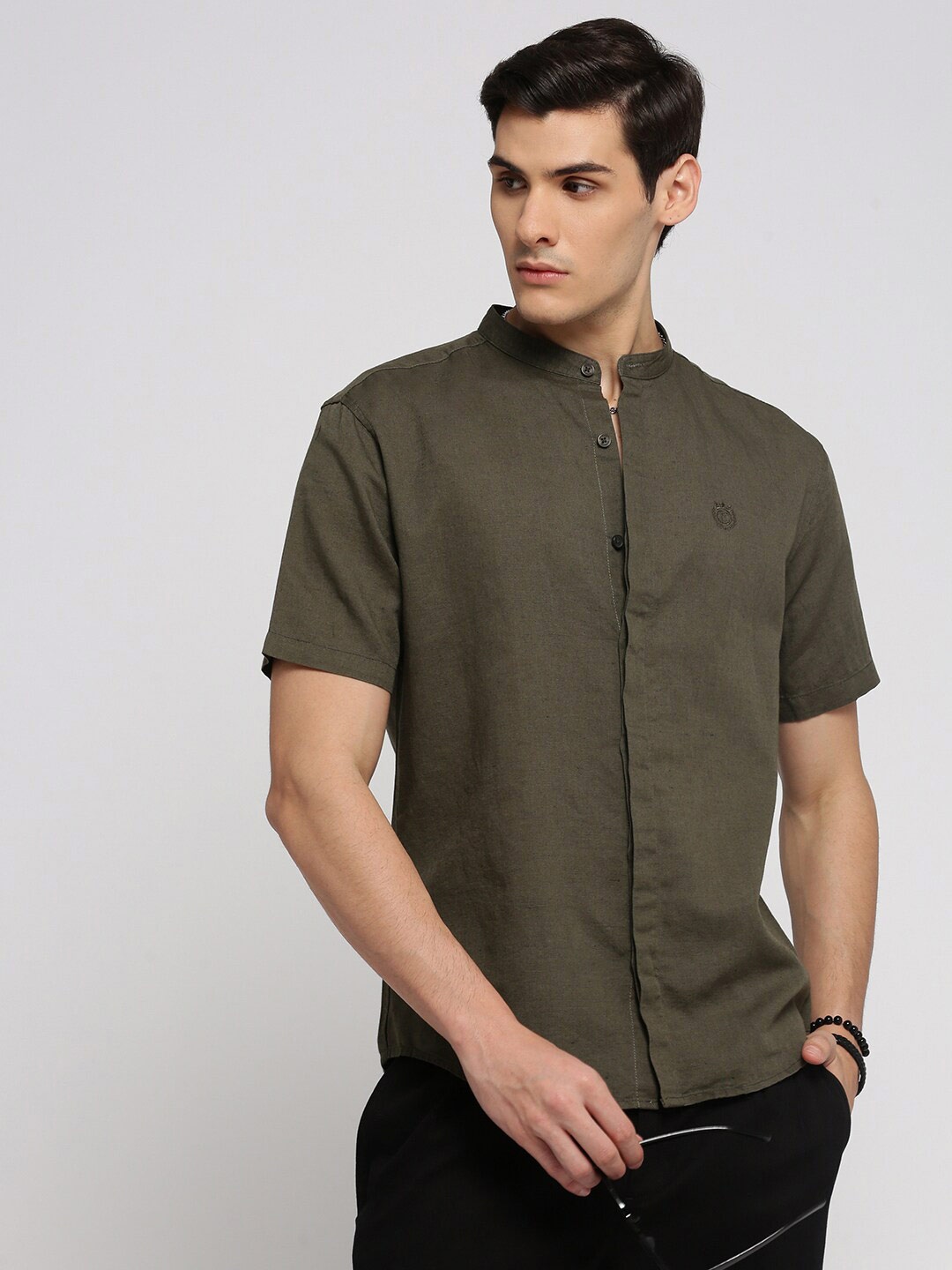 

SHOWOFF Band Collar Premium Slim Fit Casual Shirt, Olive