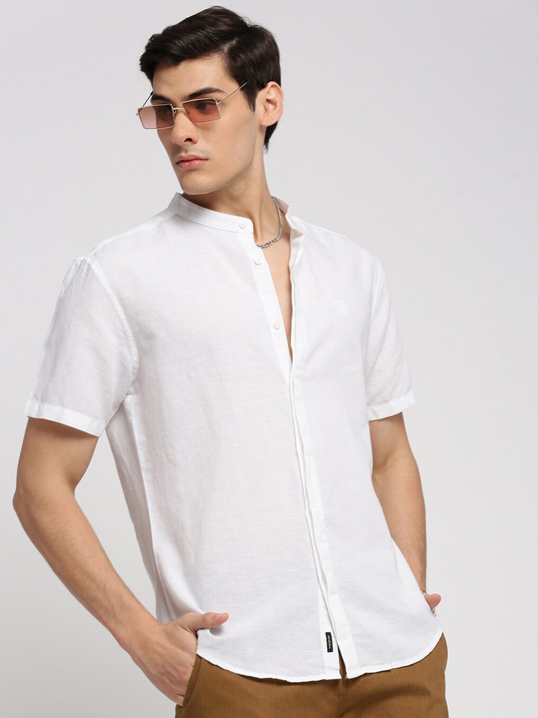 

SHOWOFF Band Collar Premium Slim Fit Casual Shirt, White