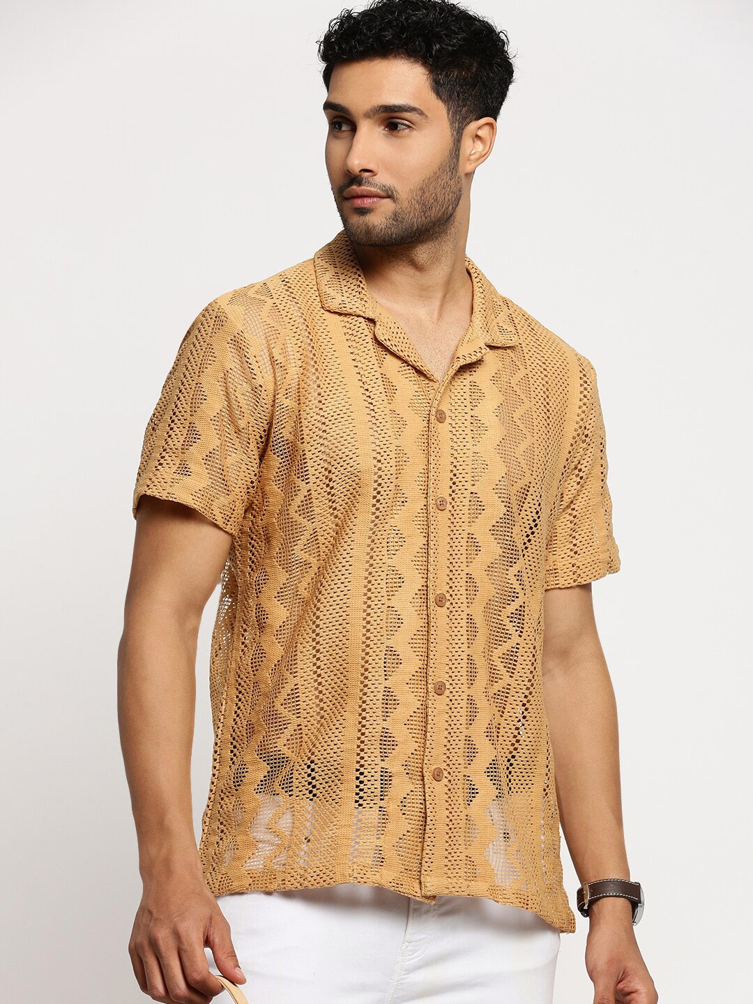 

SHOWOFF Self Design Comfort Relaxed Fit Sheer Cotton Casual Crochet Shirt, Beige