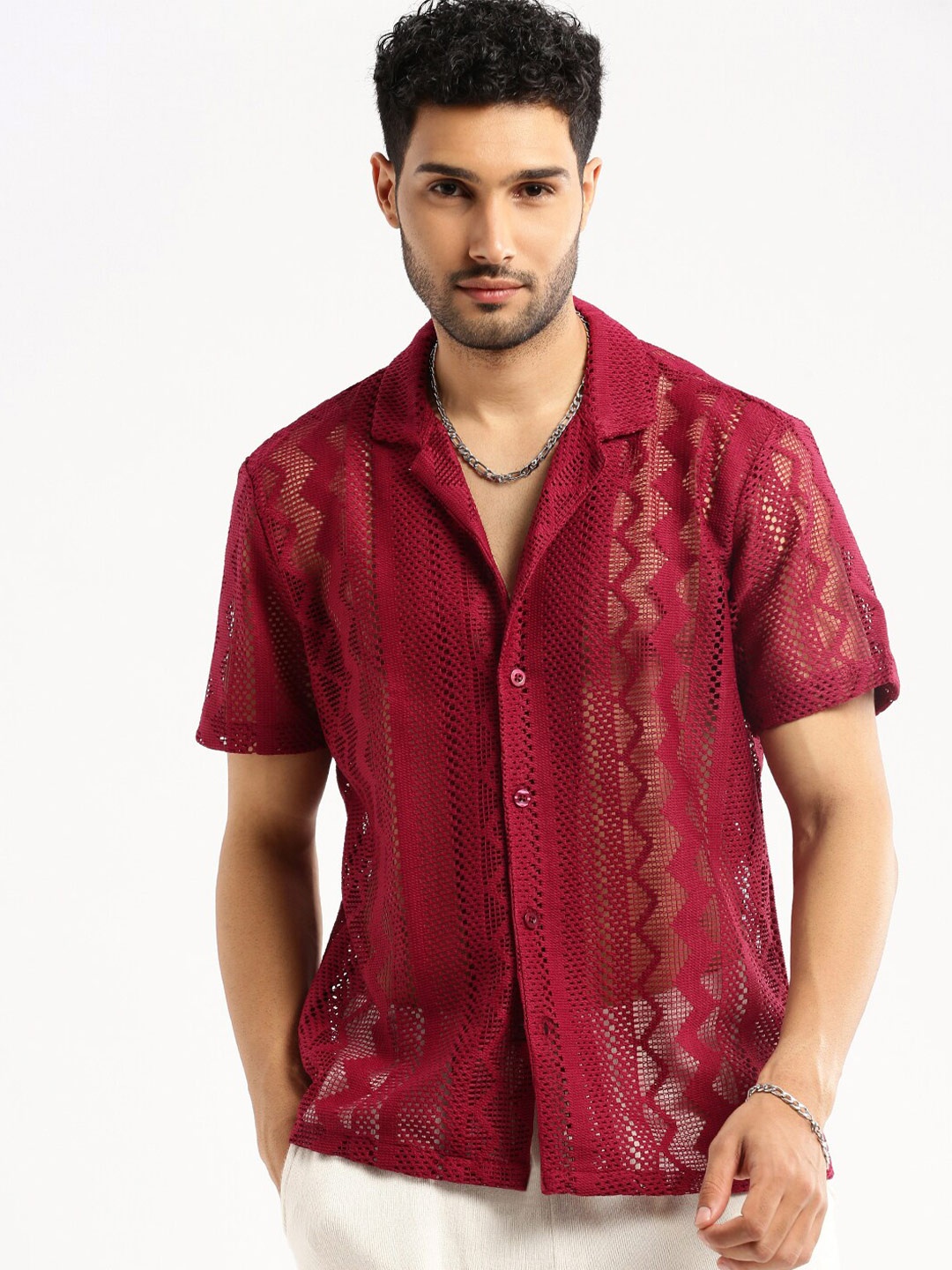 

SHOWOFF Comfort Cuban Collar Slim Fit Sheer Cotton Shirt, Maroon