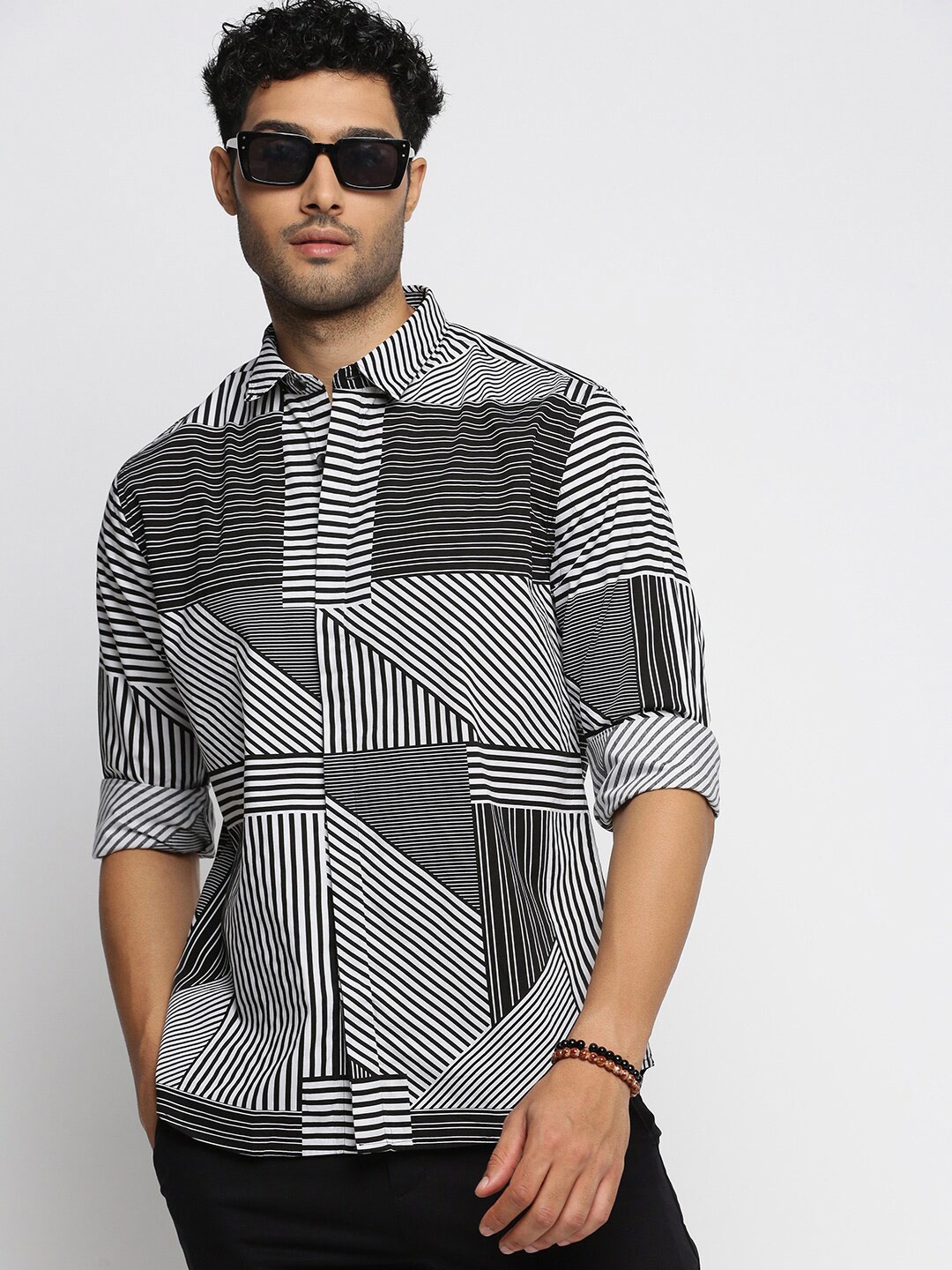 

SHOWOFF Standard Striped Cotton Shirt, Black