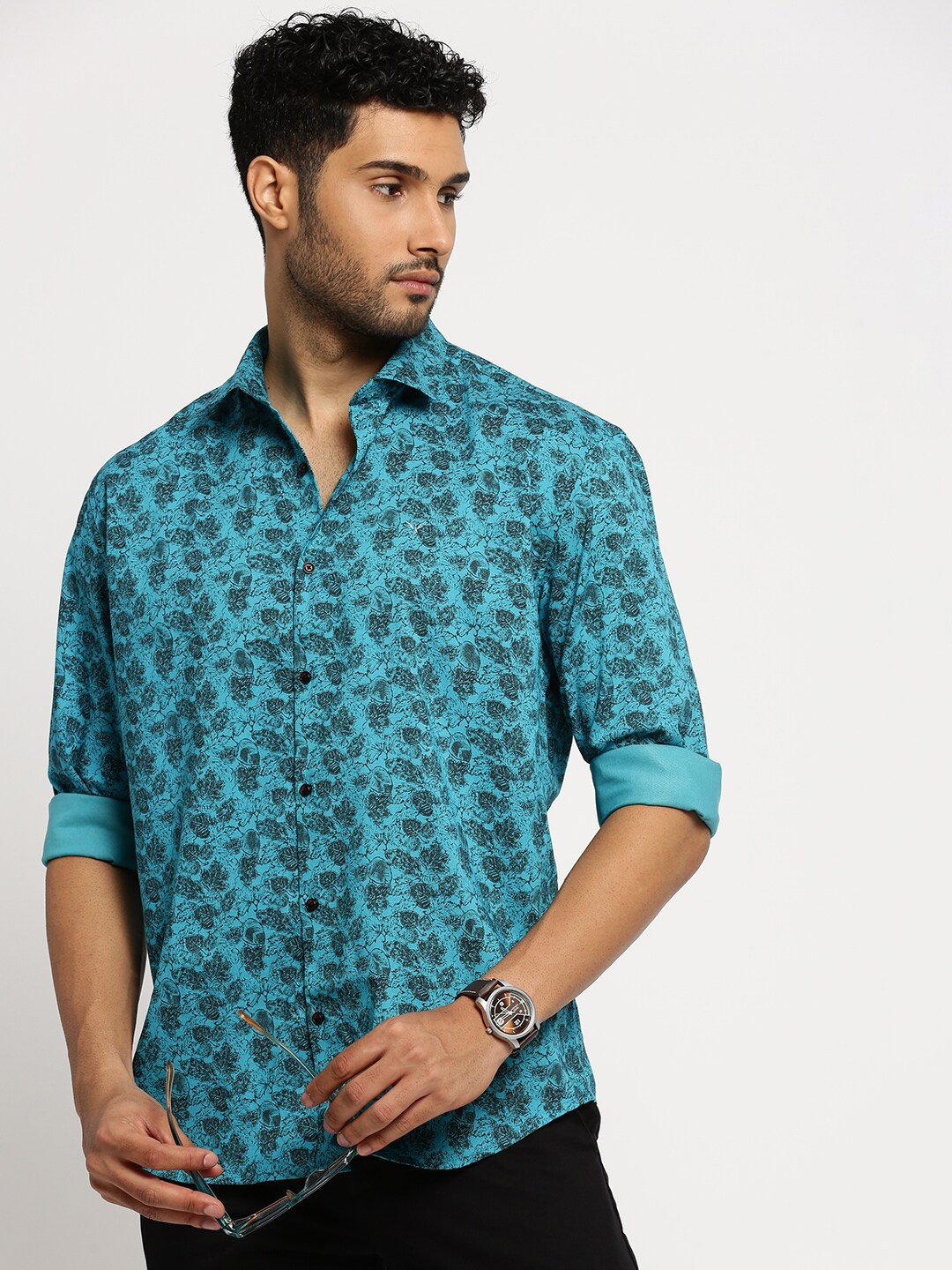 

SHOWOFF Standard Floral Printed Twill Slim Fit Cotton Shirt, Blue