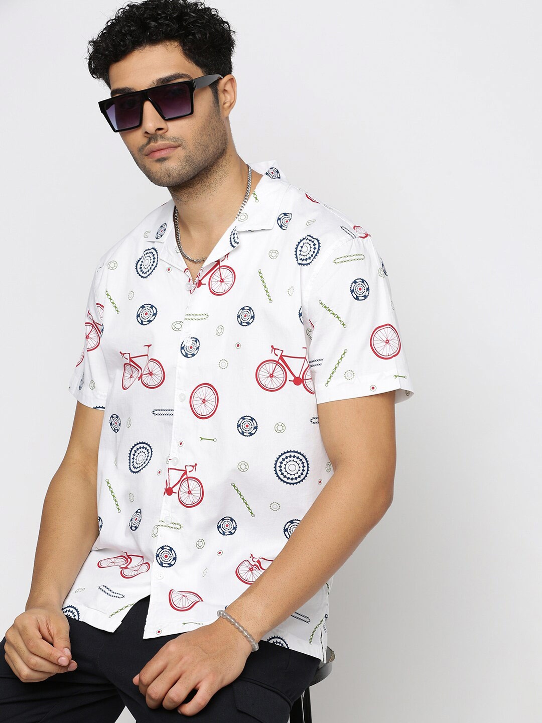 

SHOWOFF Premium Conversational Printed Cuban Collar Pure Cotton Shirt, White