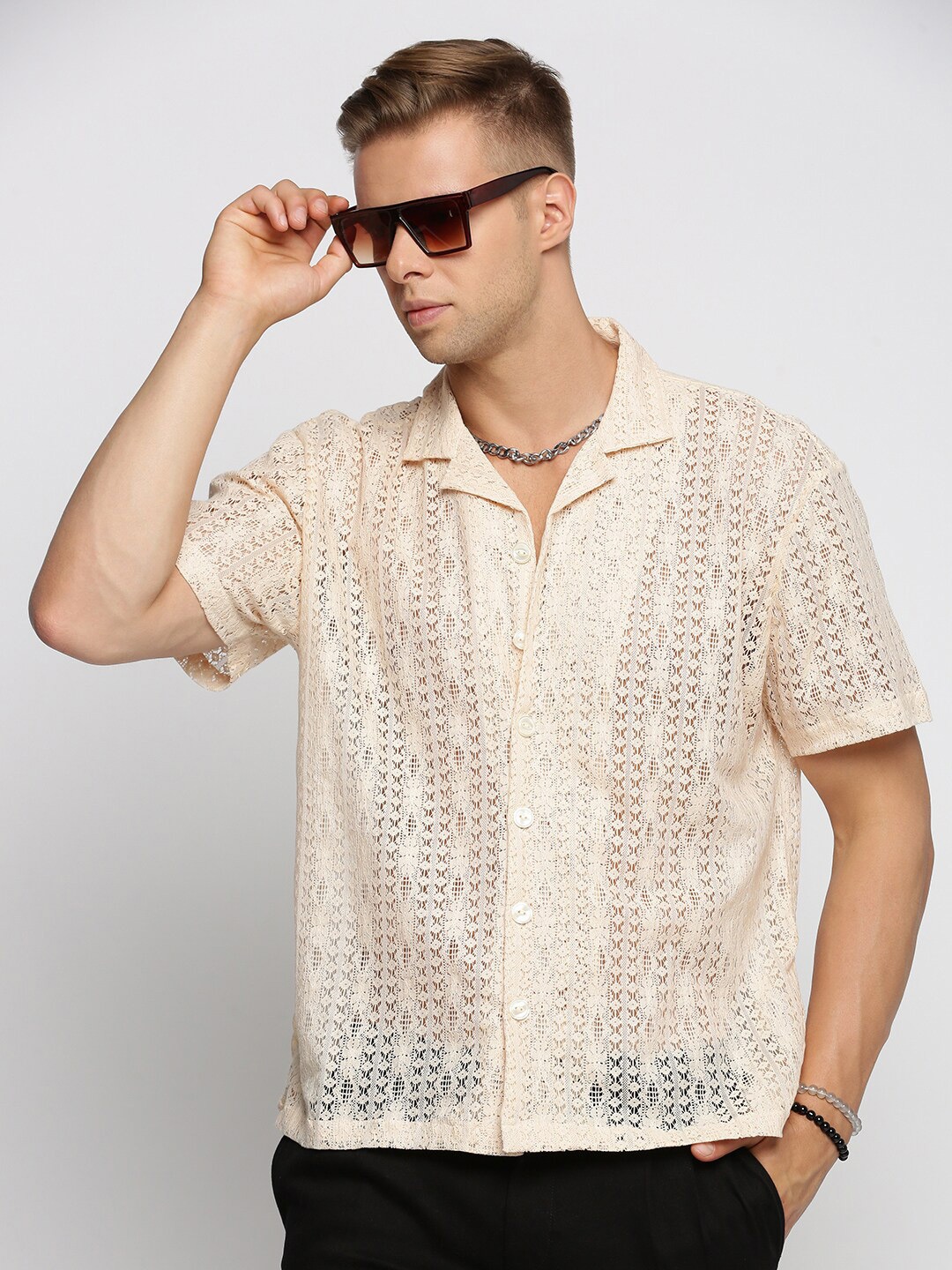 

SHOWOFF Comfort Geometric Self Design Cuban Collar Sheer Cotton Casual Crochet Shirt, Cream