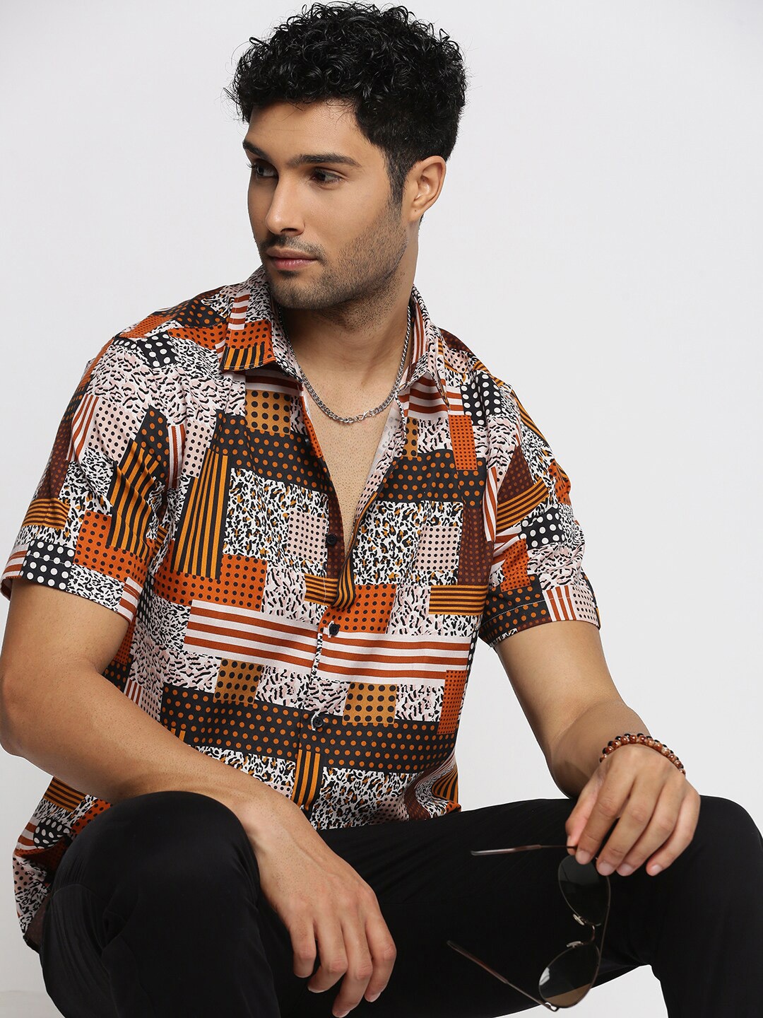 

SHOWOFF Smart Slim Fit Geometric Printed Twill Weave Cotton Casual Shirt, Rust