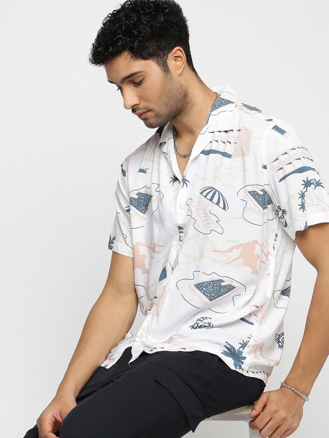 

SHOWOFF Premium Graphic Printed Cotton Casual Shirt, White