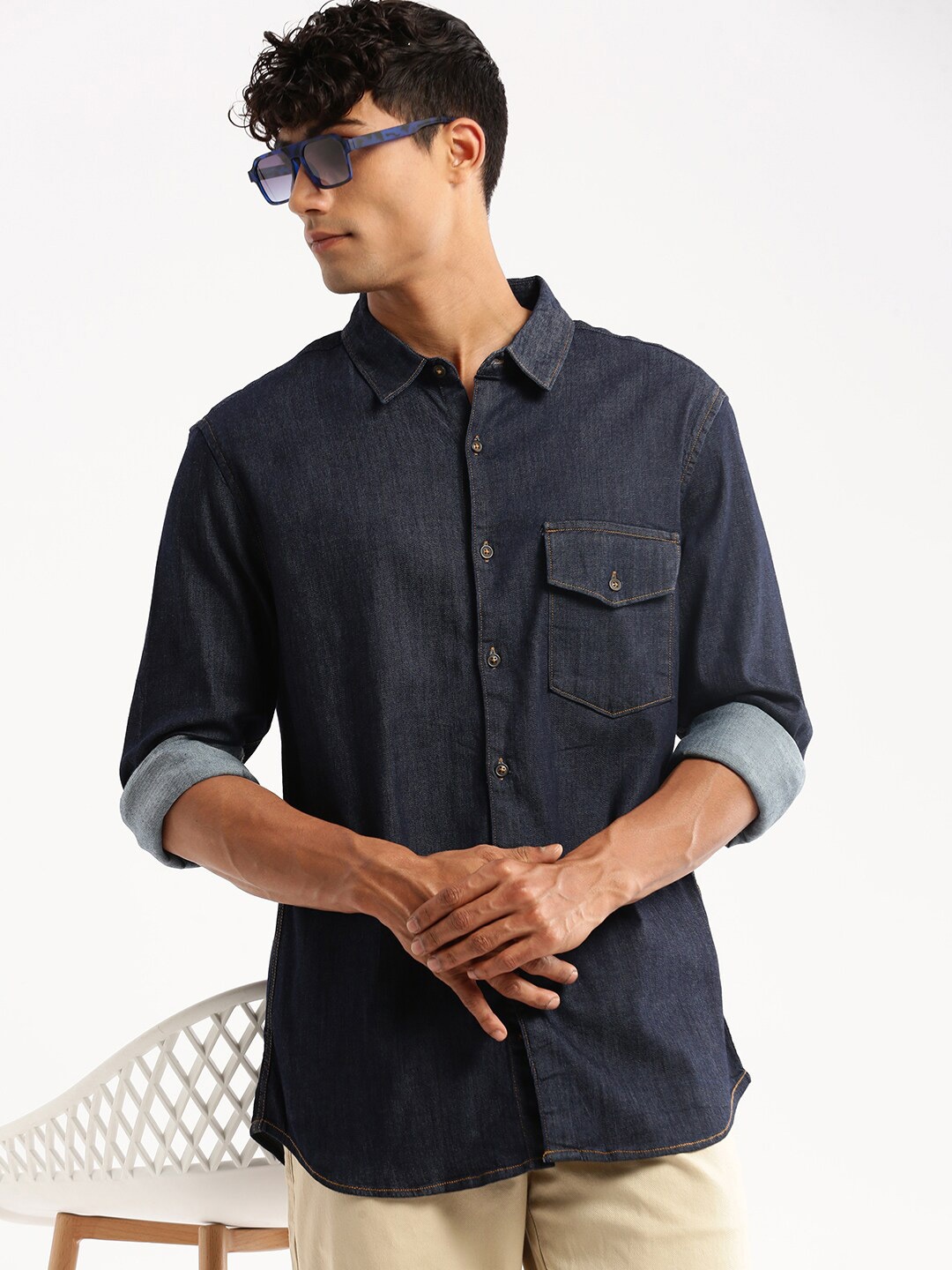 

SHOWOFF Standard Slim Fit Denim Cotton Casual Shirt, Navy blue
