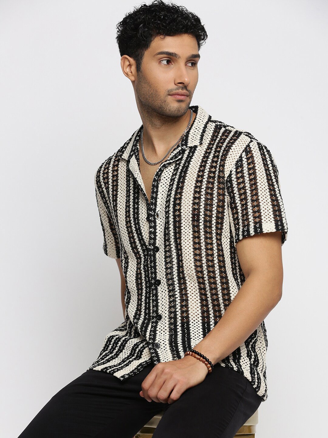 

SHOWOFF Vertical Striped Comfort Cuban Collar Cotton Crochet Casual Shirt, Cream