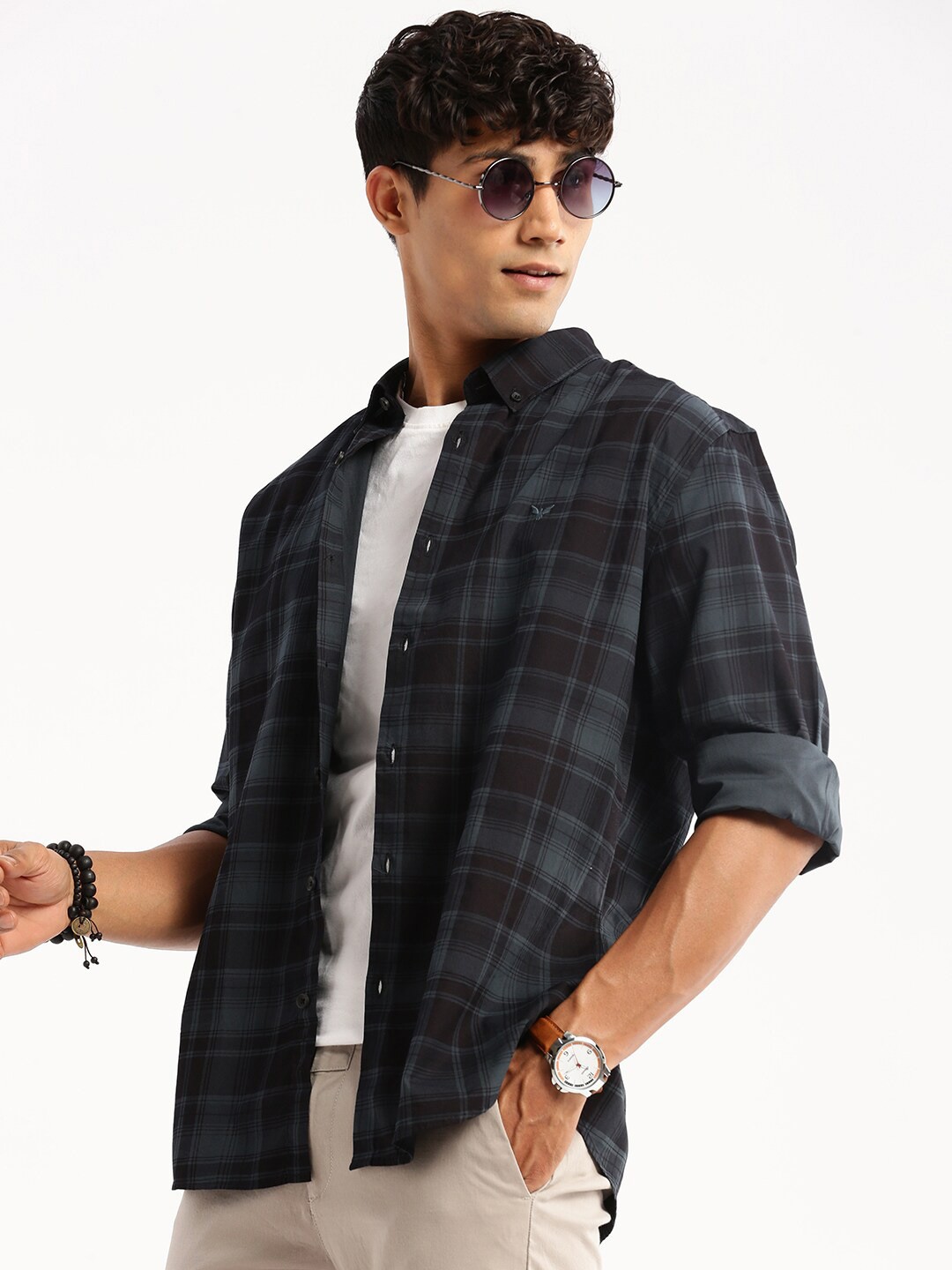 

SHOWOFF Standard Slim Fit Tartan Checked Spread Collar long Sleeves Cotton Casual Shirt, Black