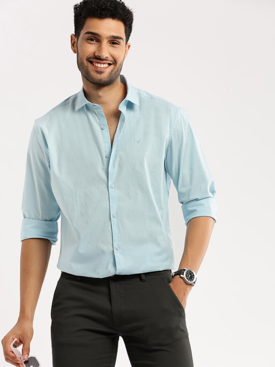 

SHOWOFF Premium Slim Fit Long Sleeves Spread Collar Cotton Casual Shirt, Blue