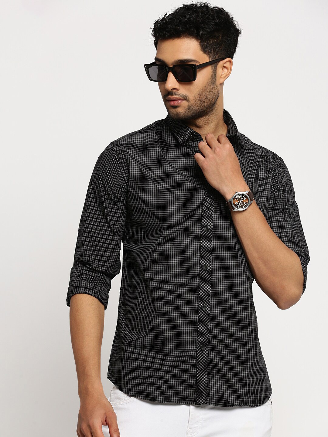 

SHOWOFF Standard Slim Fit Micro Checked Cotton Casual Shirt, Black