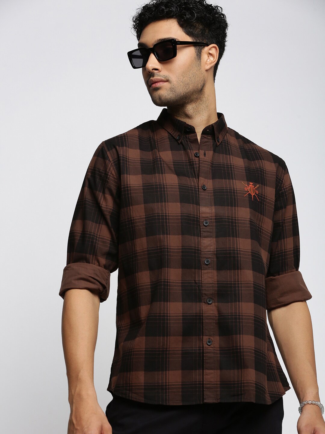 

SHOWOFF Standard Slim Fit Tartan Checked Cotton Casual Shirt, Brown