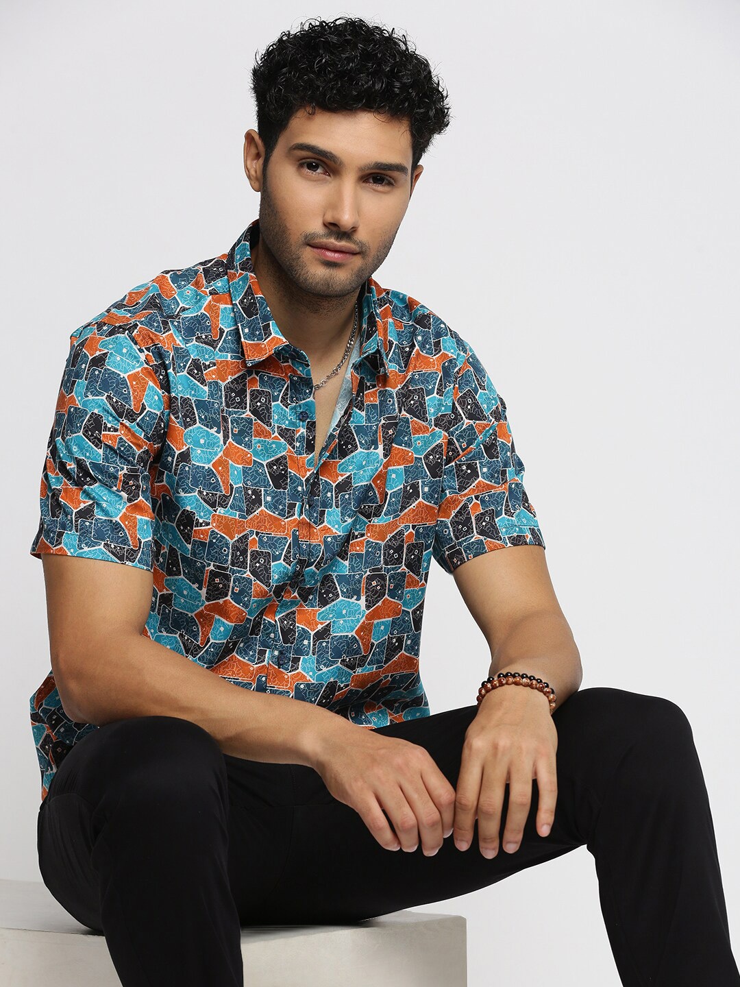 

SHOWOFF Smart Slim Fit Geometric Printed Twill Spread Collar Cotton Casual Shirt, Turquoise blue