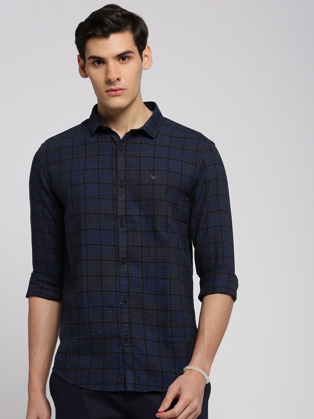 

SHOWOFF Standard Slim Fit Gingham Checks Oxford Spread Collar Cotton Casual Shirt, Navy blue