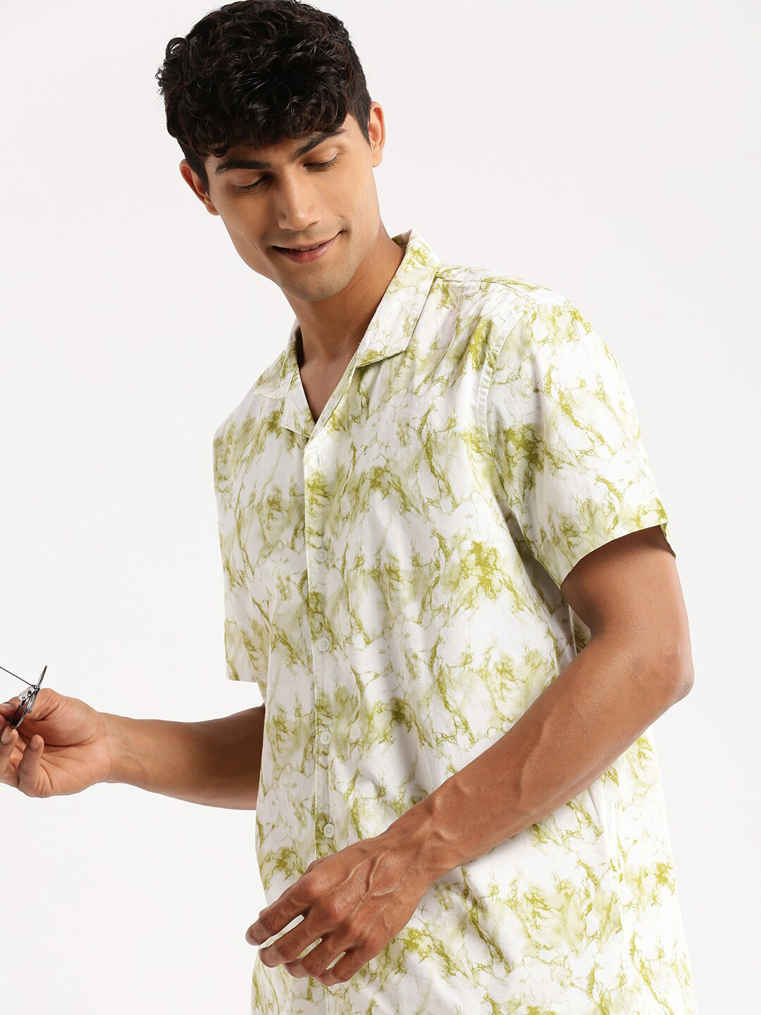 

SHOWOFF Premium Abstract Printed Cuban Collar Short Sleeves Cotton Casual Shirt, White
