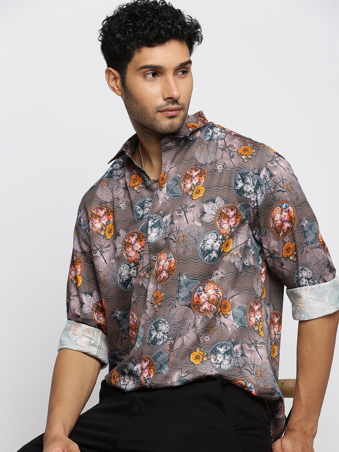 

SHOWOFF Smart Slim Fit Floral Printed Cotton Casual Shirt, Grey