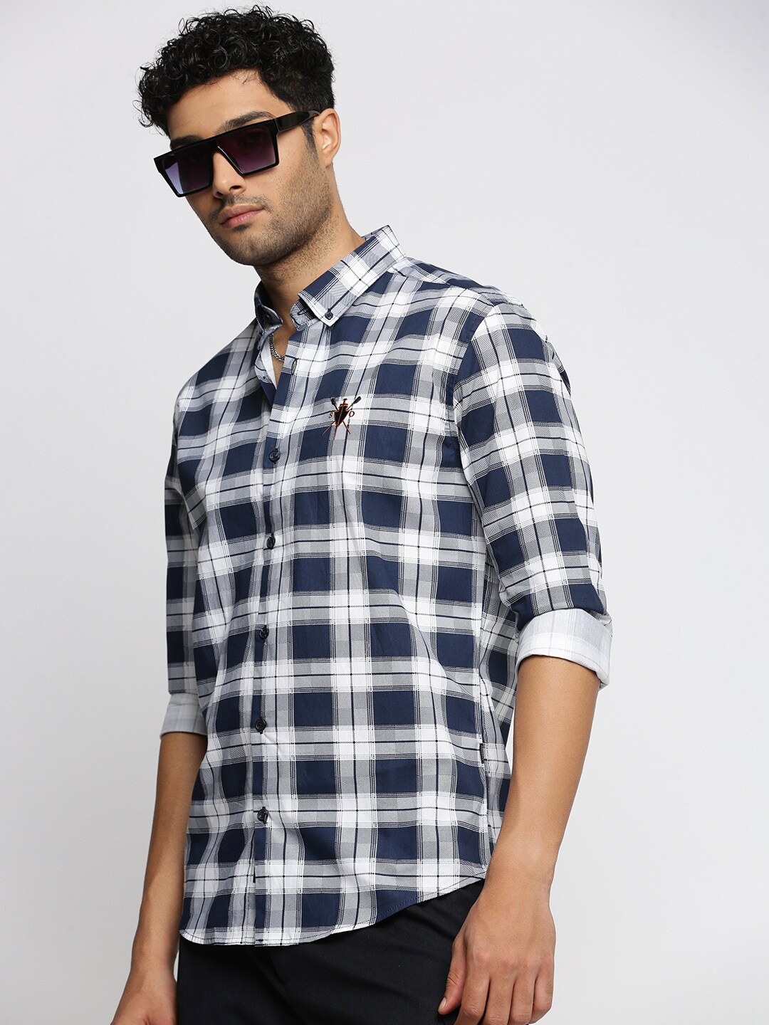 

SHOWOFF Smart Slim Fit Tartan Checked Cotton Casual Shirt, Navy blue