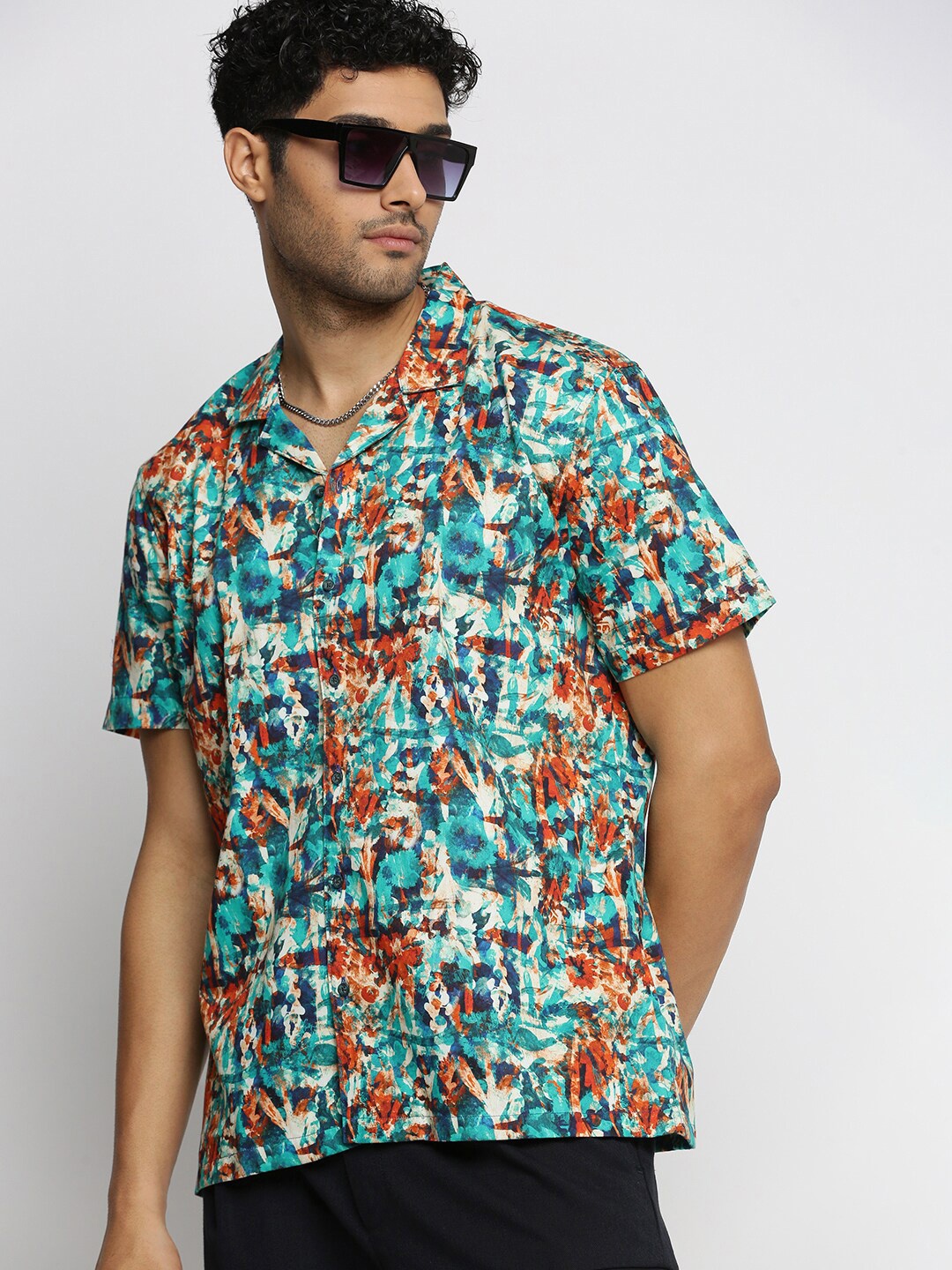 

SHOWOFF Premium Abstract Printed Cuban Collar Cotton Casual Shirt, Blue