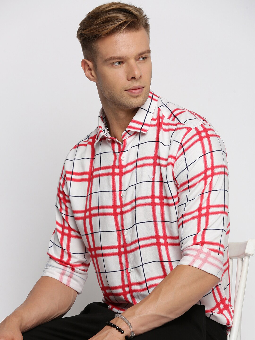 

SHOWOFF Standard Slim Fit Windowpane Checked Cotton Casual Shirt, White