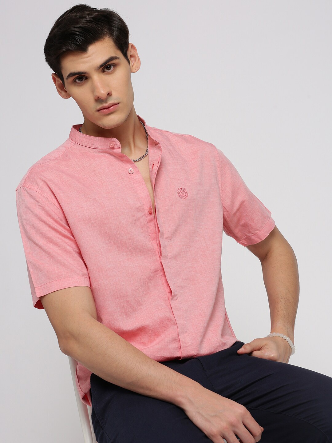 

SHOWOFF Premium Slim Fit Mandarin Collar Short Sleeves Cotton Casual Shirt, Peach