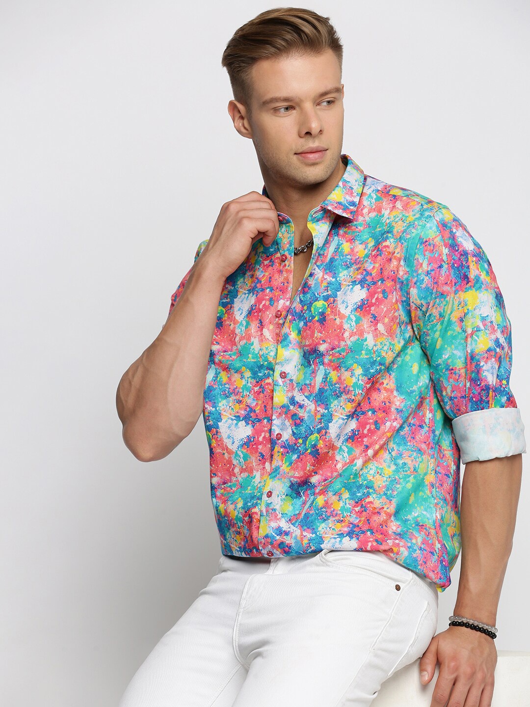 

SHOWOFF Smart Slim Fit Abstract Printed Twill Cotton Casual Shirt, Blue