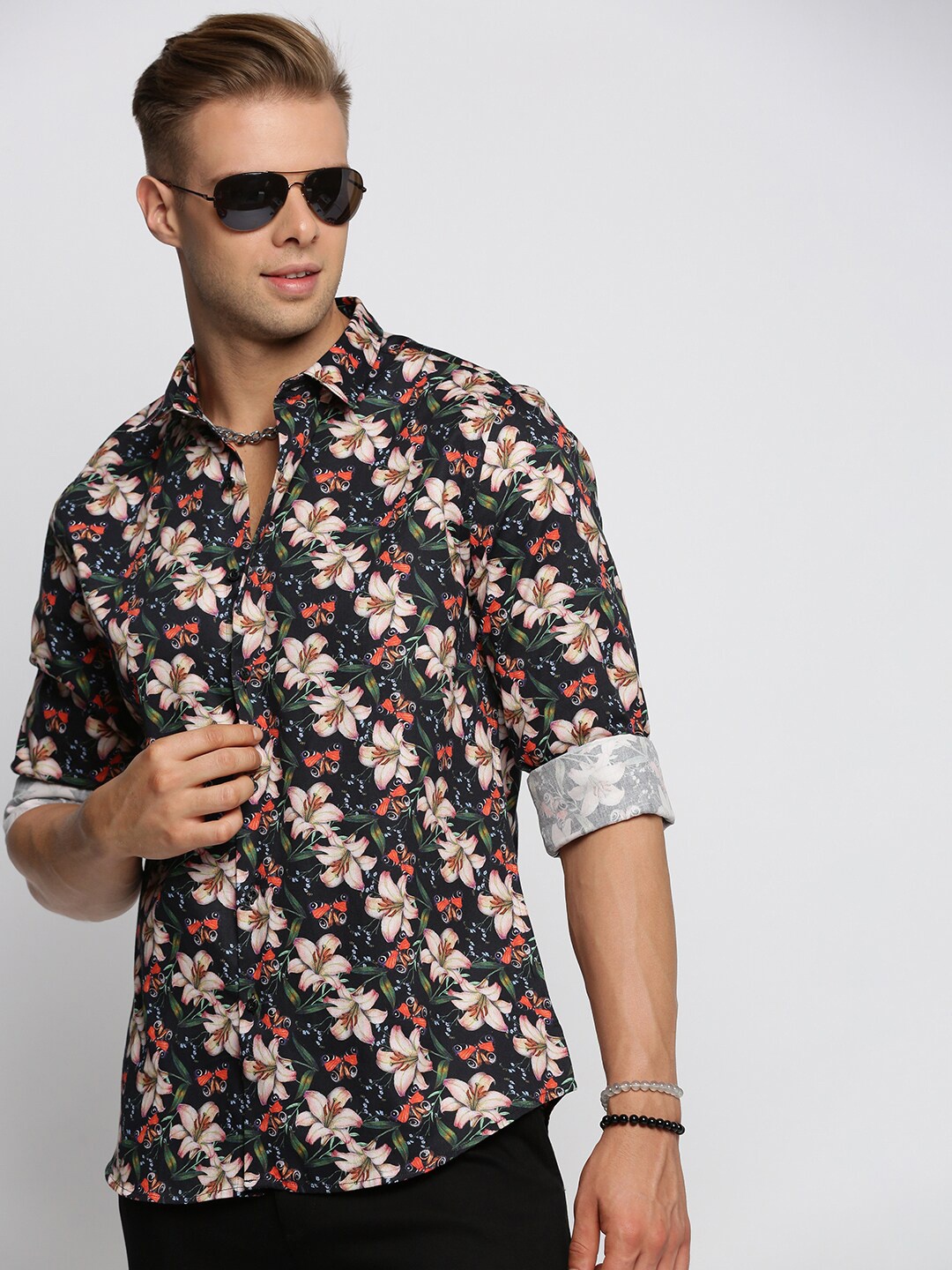 

SHOWOFF Smart Slim Fit Floral Printed Twill Weave Cotton Casual Shirt, Black