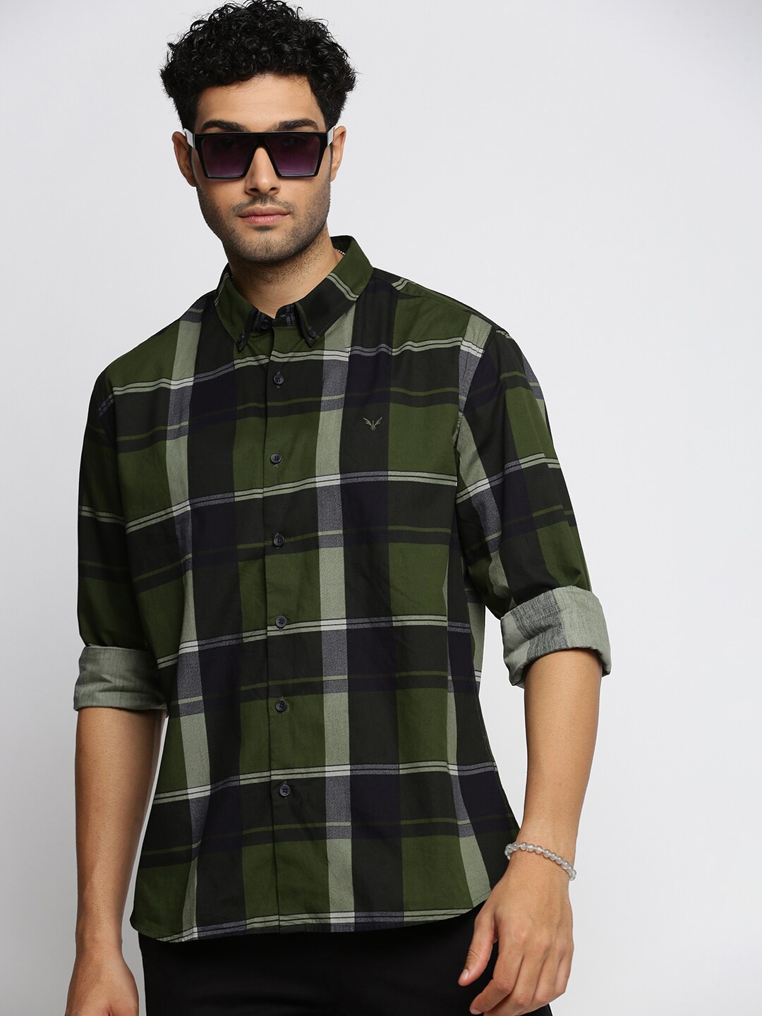 

SHOWOFF Standard Slim Fit Tartan Checked Button-Down Collar Cotton Casual Shirt, Olive