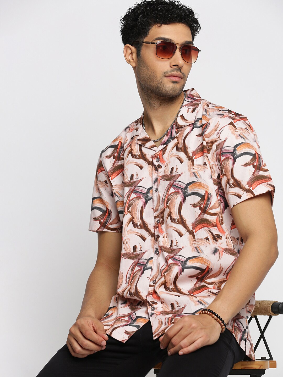 

SHOWOFF Premium Abstract Printed Cuban Collar Twill Weave Cotton Casual Shirt, Peach