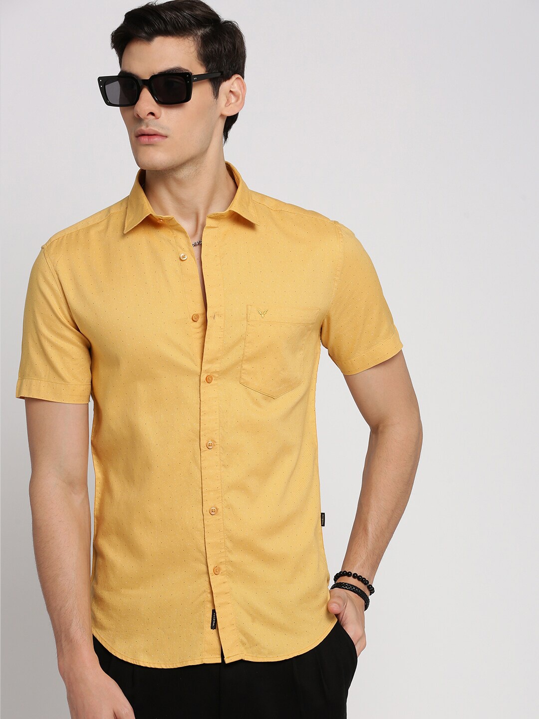 

SHOWOFF Standard Slim Fit Micro Ditsy Printed Oxford Spread Collar Cotton Casual Shirt, Mustard