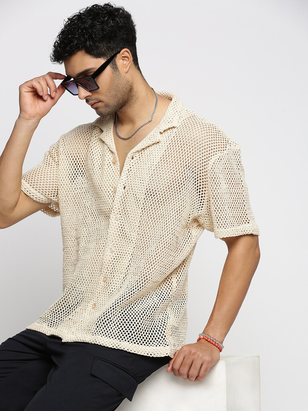 

SHOWOFF Comfort Self Design Cuban Collar Short Sleeves Cotton Casual Crochet Shirt, Cream