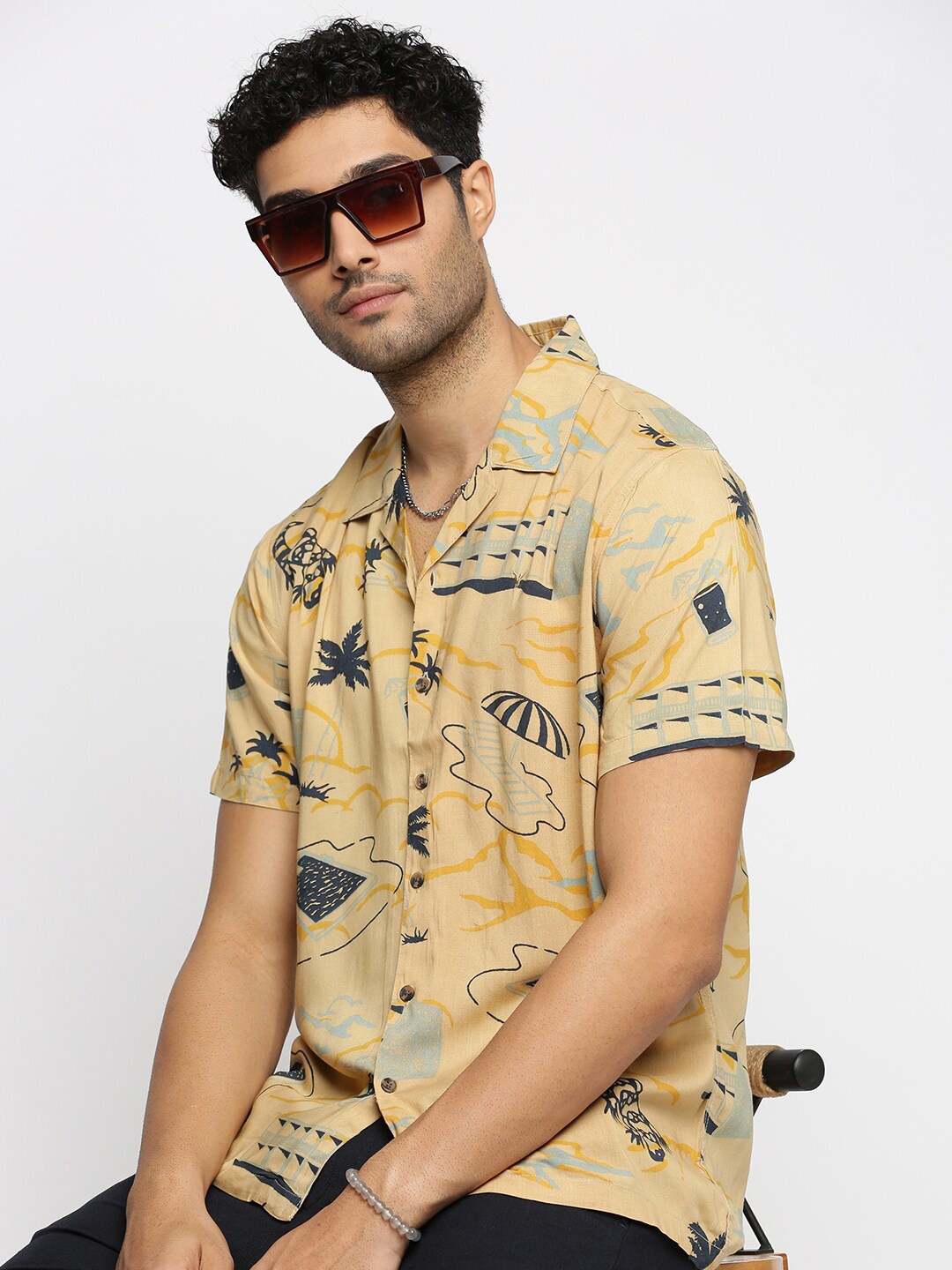 

SHOWOFF Premium Conversational Printed Cuban Collar Cotton Casual Shirt, Beige