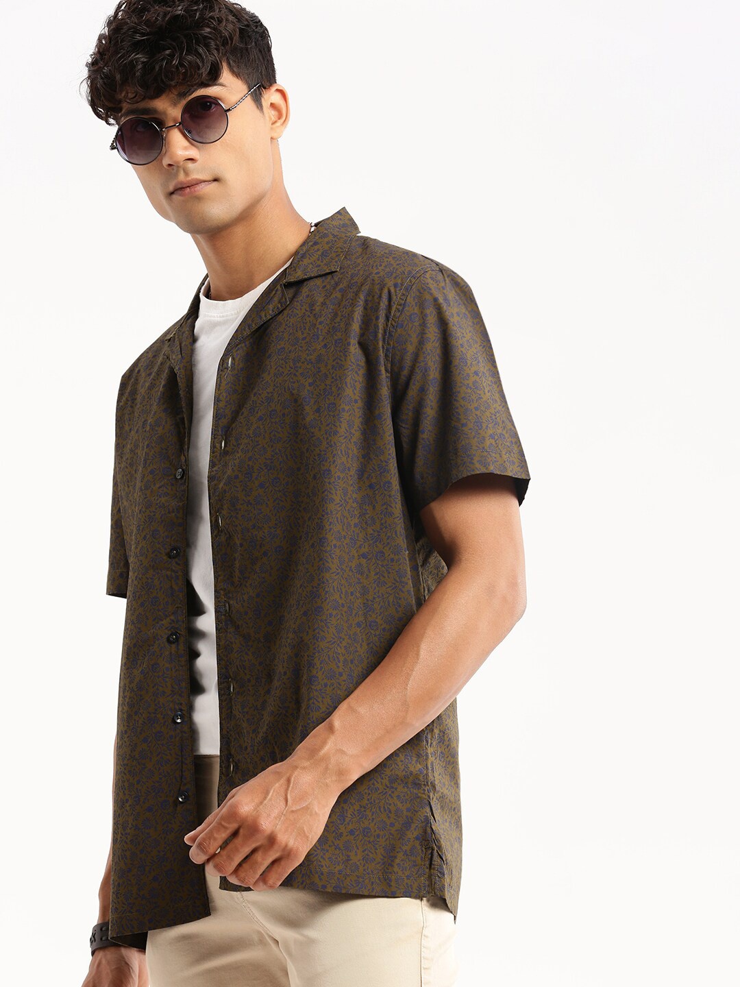 

SHOWOFF Floral Printed Premium Cotton Casual Shirt, Olive