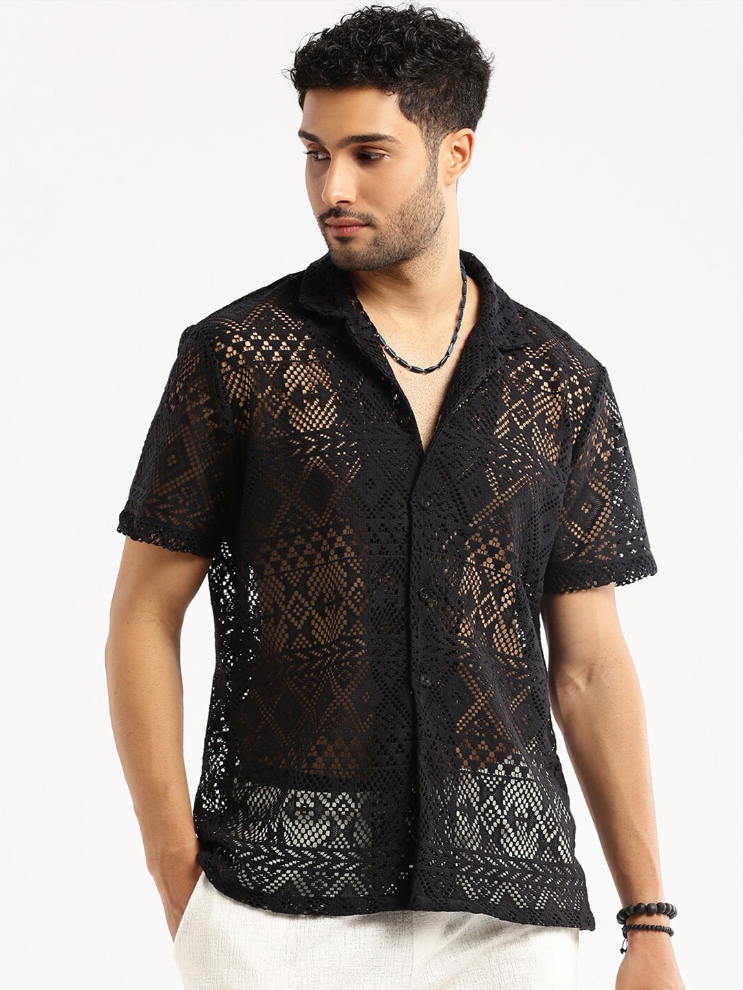 

SHOWOFF Self Design Comfort Slim Fit Sheer Cotton Casual Shirt, Black