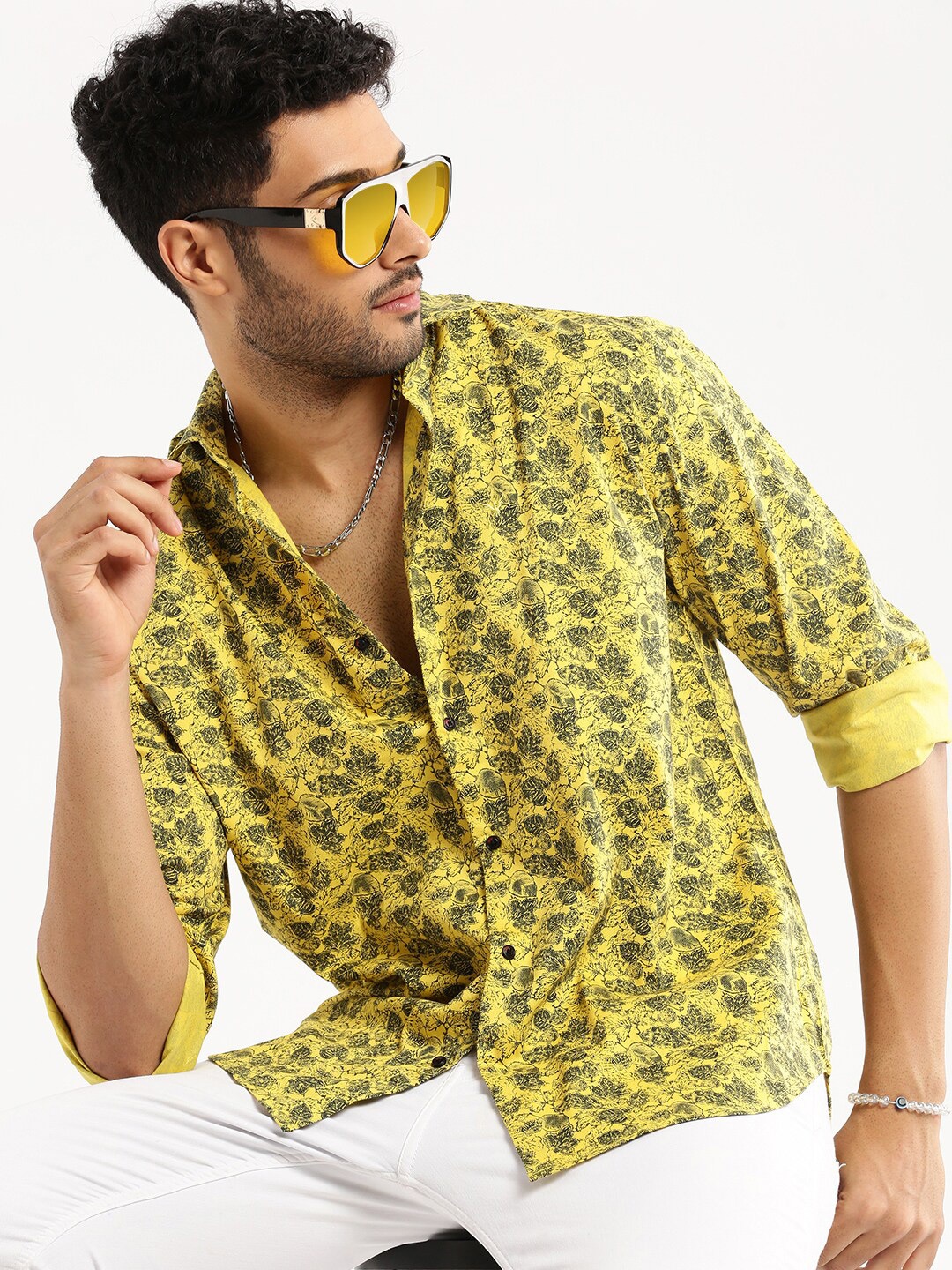 

SHOWOFF Floral Printed Standard Slim Fit Cotton Casual Shirt, Yellow