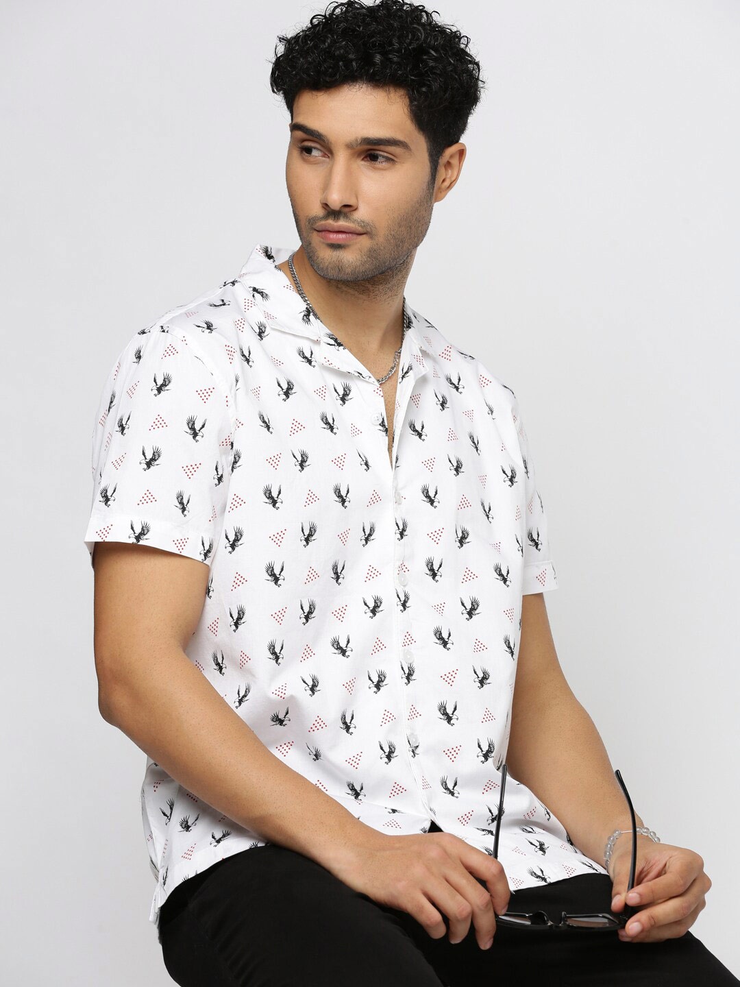

SHOWOFF Cuban Collar Premium Conversational Printed Casual Cotton Shirt, White