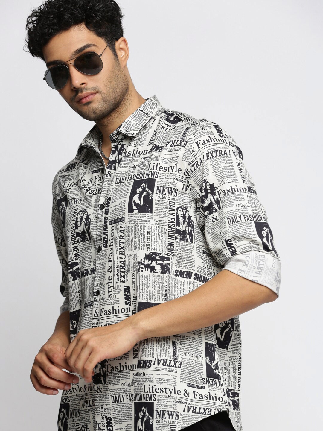 

SHOWOFF Spread Collar Smart Slim Fit Typography Printed Casual Cotton Shirt, Off white