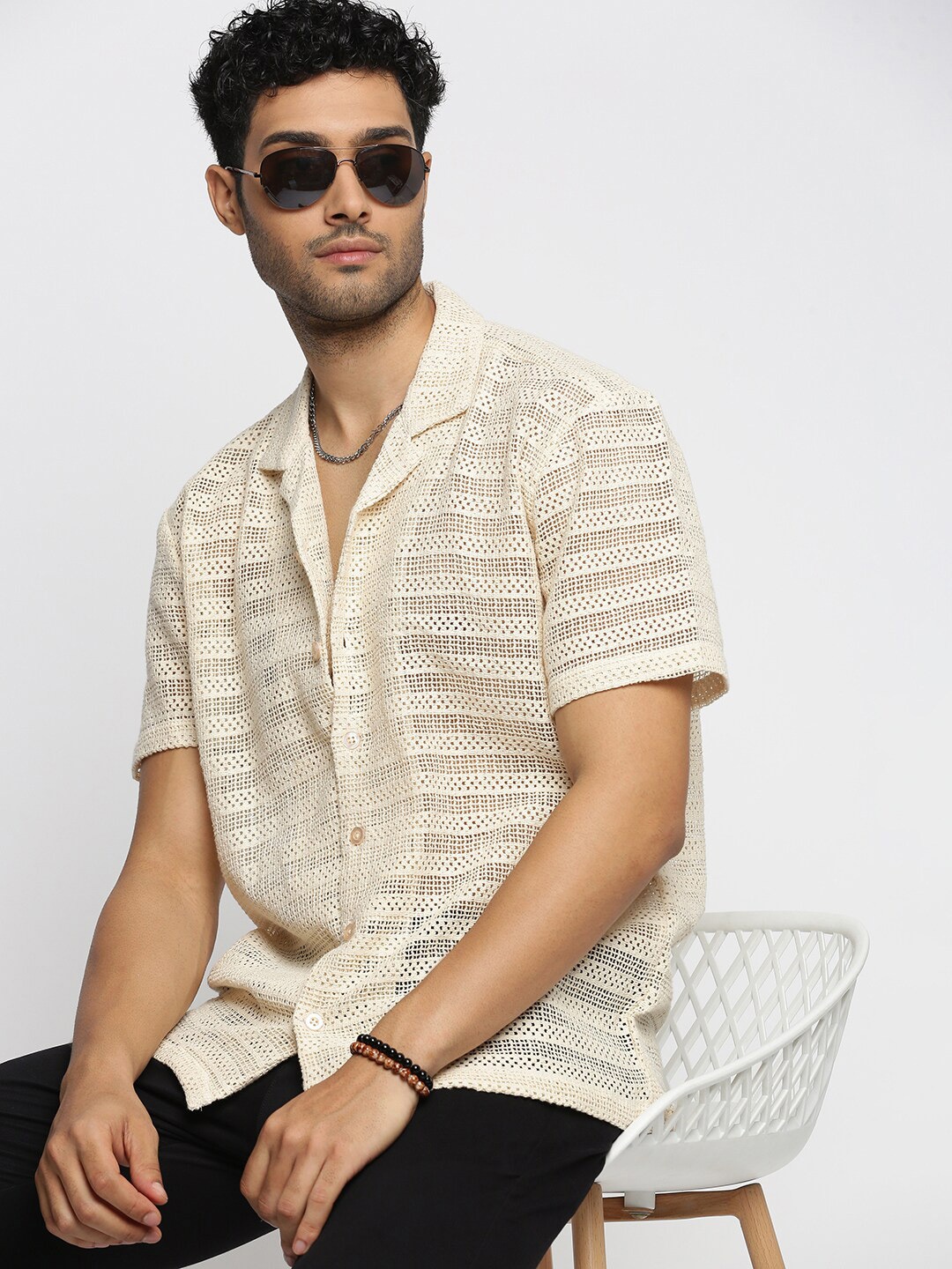 

SHOWOFF Striped Comfort Cotton Casual Crochet Shirt, Cream