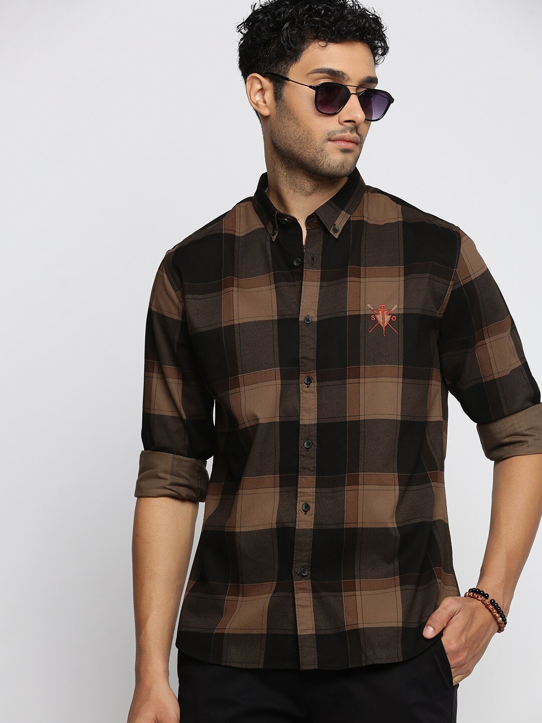 

SHOWOFF Tartan Checks Standard Twill Slim Fit Cotton Casual Shirt, Brown