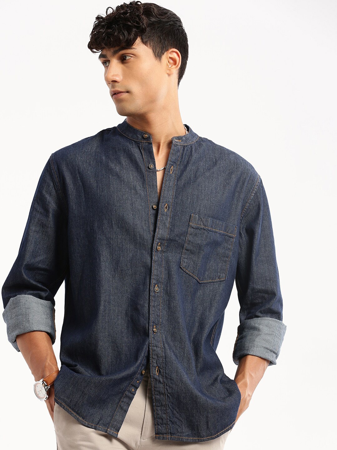 

SHOWOFF Standard Denim Slim Fit Cotton Casual Shirt, Navy blue