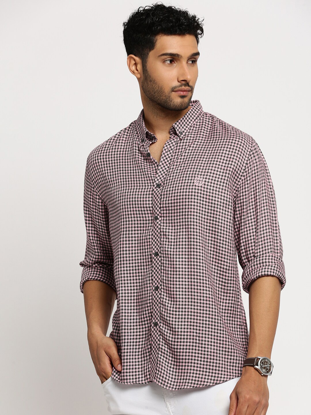 

SHOWOFF Men Pink Standard Slim Fit Gingham Checks Opaque Checked Casual Shirt