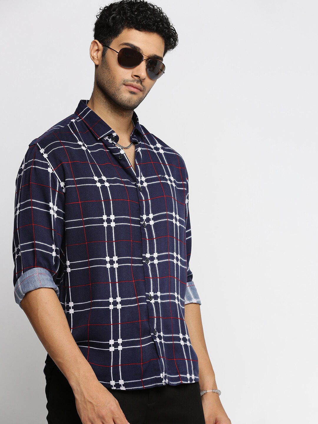

SHOWOFF Standard Slim Fit Windowpane Checked Twill Cotton Casual Shirt, Navy blue
