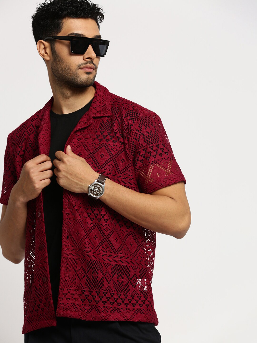 

SHOWOFF Comfort Self Design Cuban Collar Relaxed Fit Cotton Casual Crochet Shirt, Maroon