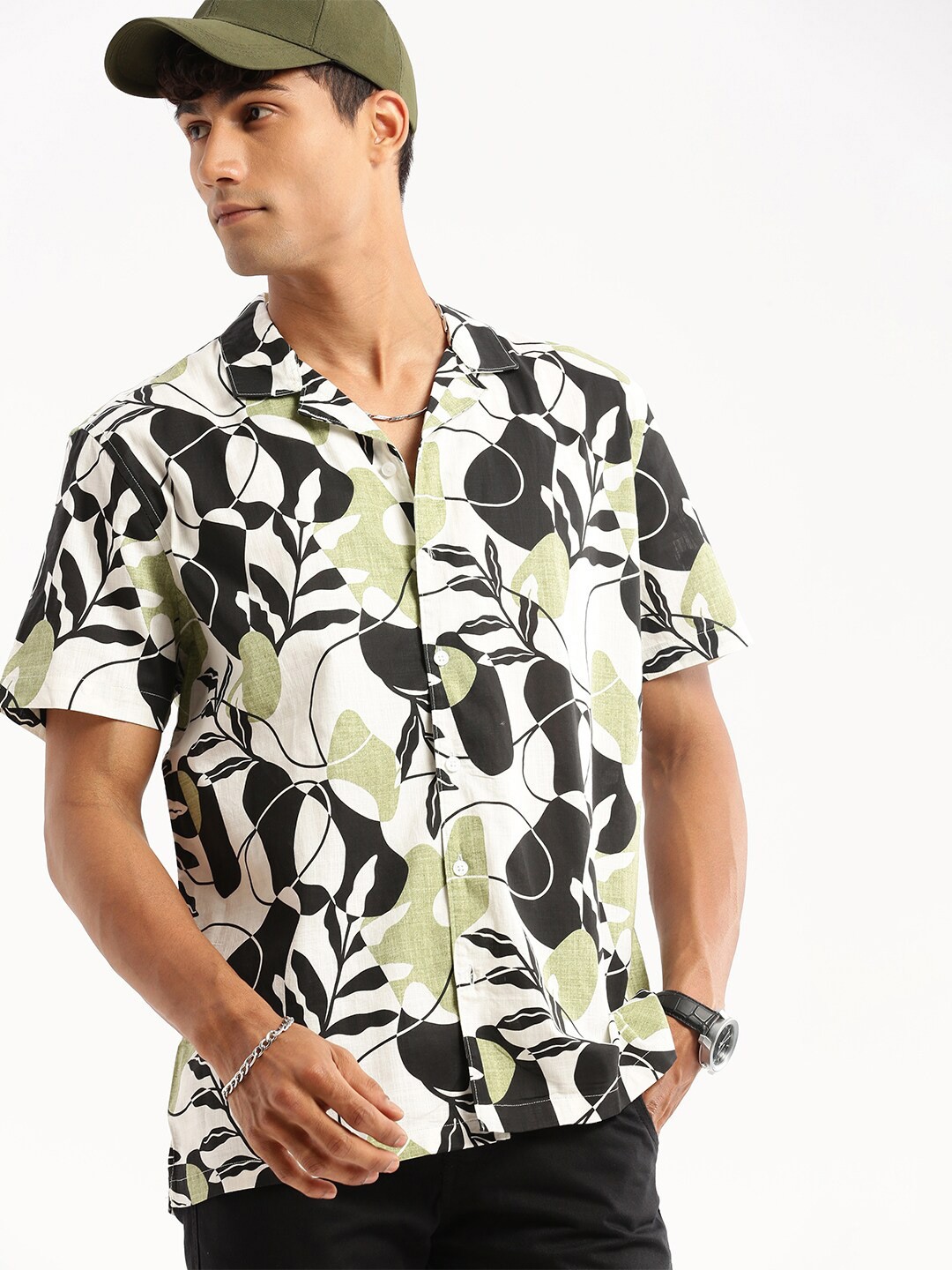 

SHOWOFF Premium Floral Printed Cuban Collar Cotton Casual Shirt, White