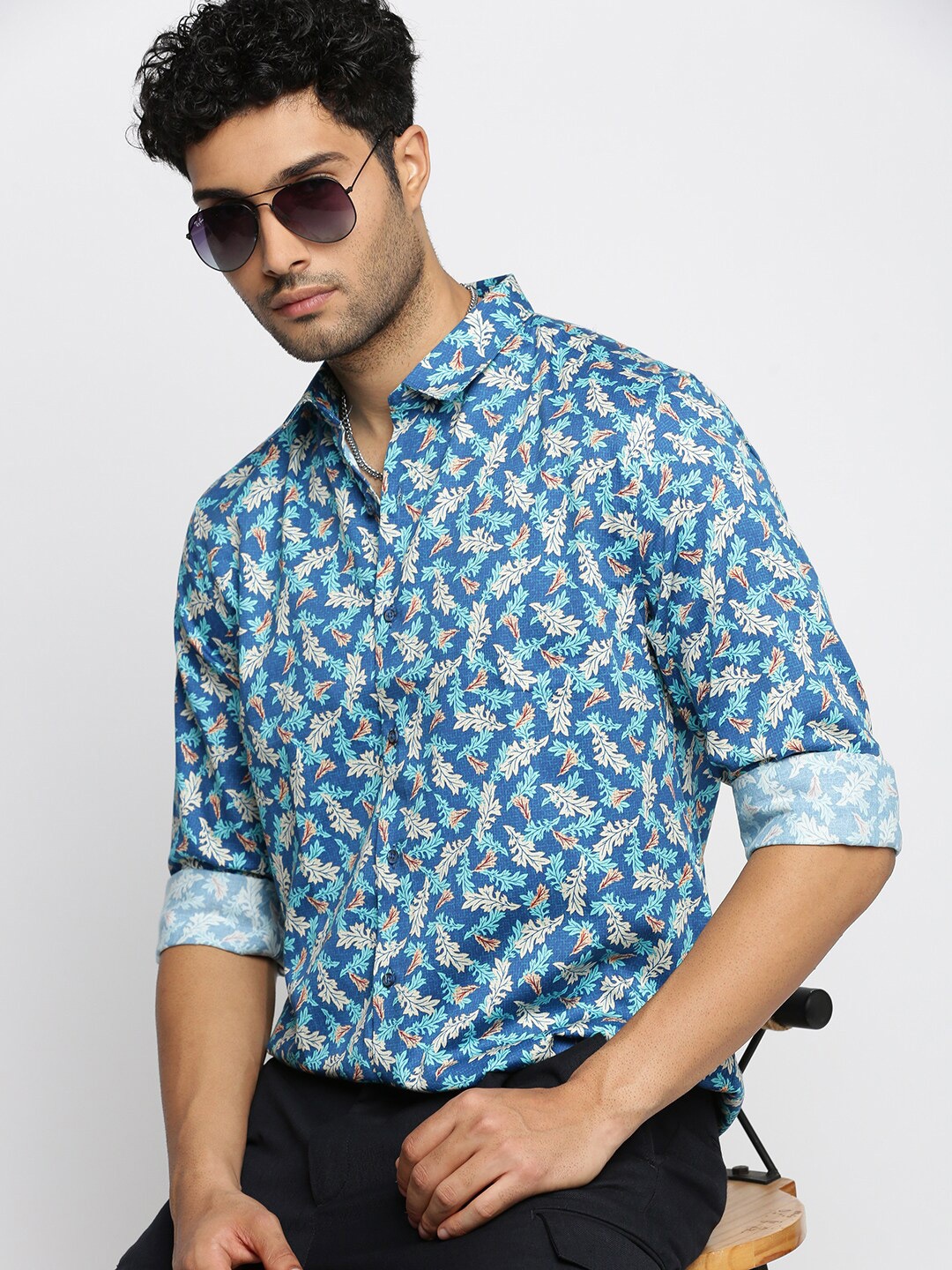 

SHOWOFF Smart Slim Fit Floral Printed Cotton Casual Shirt, Blue