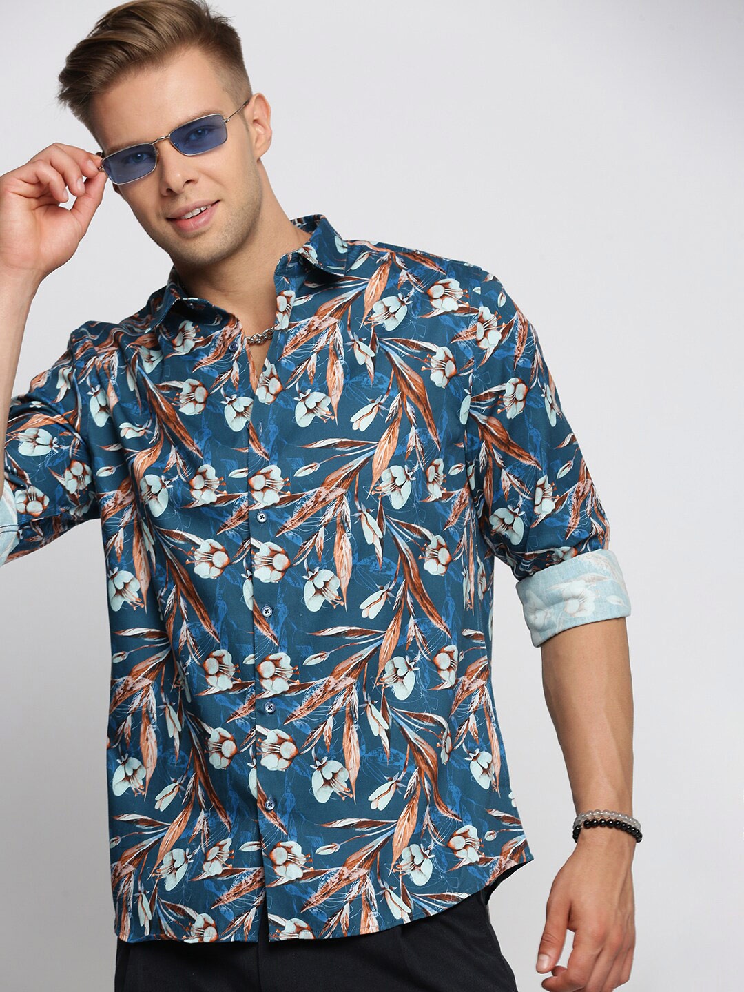 

SHOWOFF Smart Slim Fit Floral Printed Cotton Casual Shirt, Teal