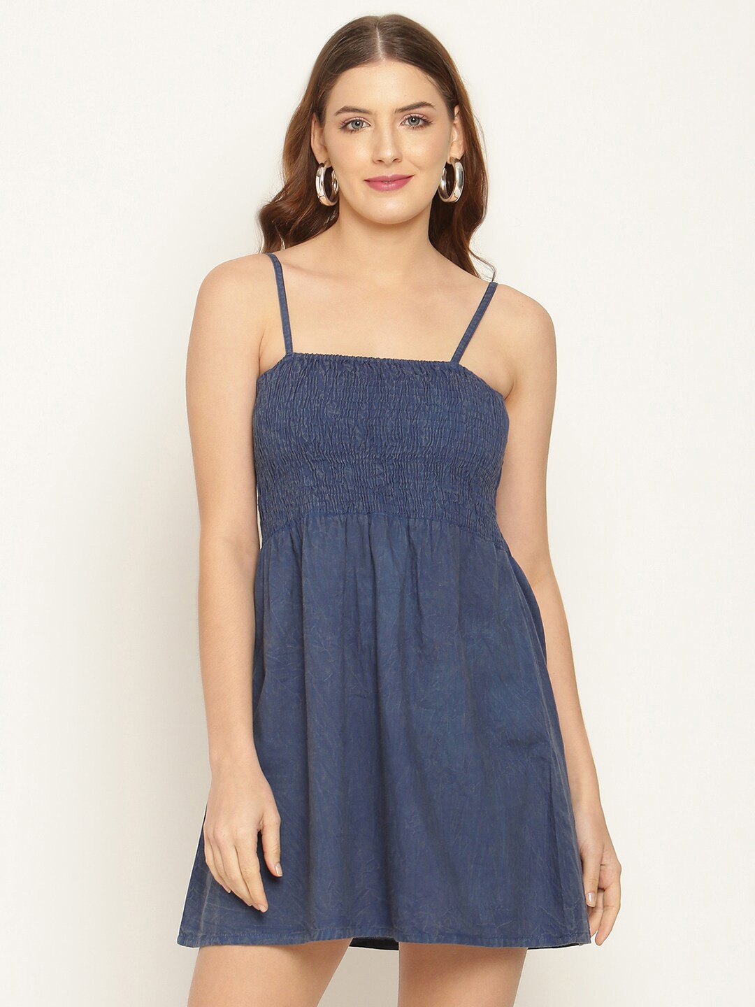 

BAESD Shoulder Straps Smocked Detailed Cotton Fit & Flare Mini Dress, Navy blue