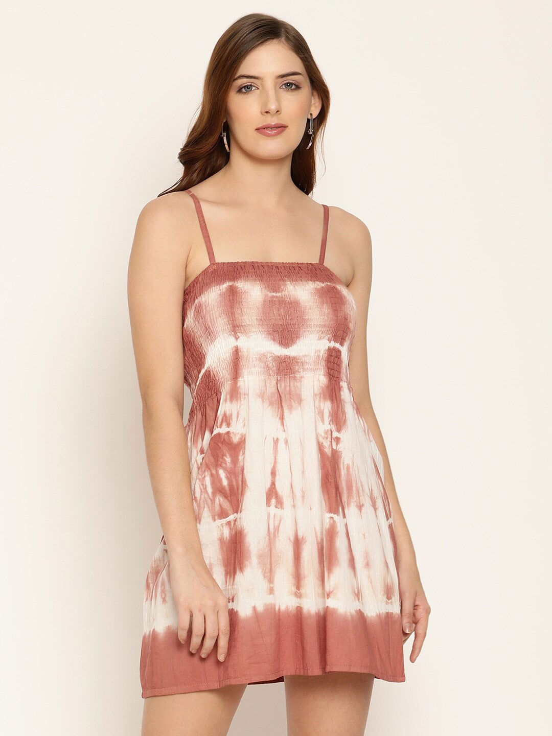 

BAESD Tie and Dye Smocked Cotton A-Line Mini Dress, Brown