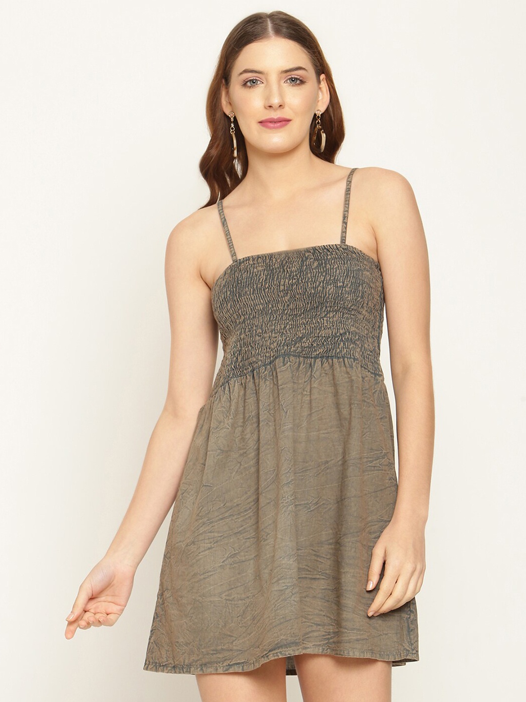 

BAESD Shoulder Straps Smocked Detailed Cotton Fit & Flare Mini Dress, Grey