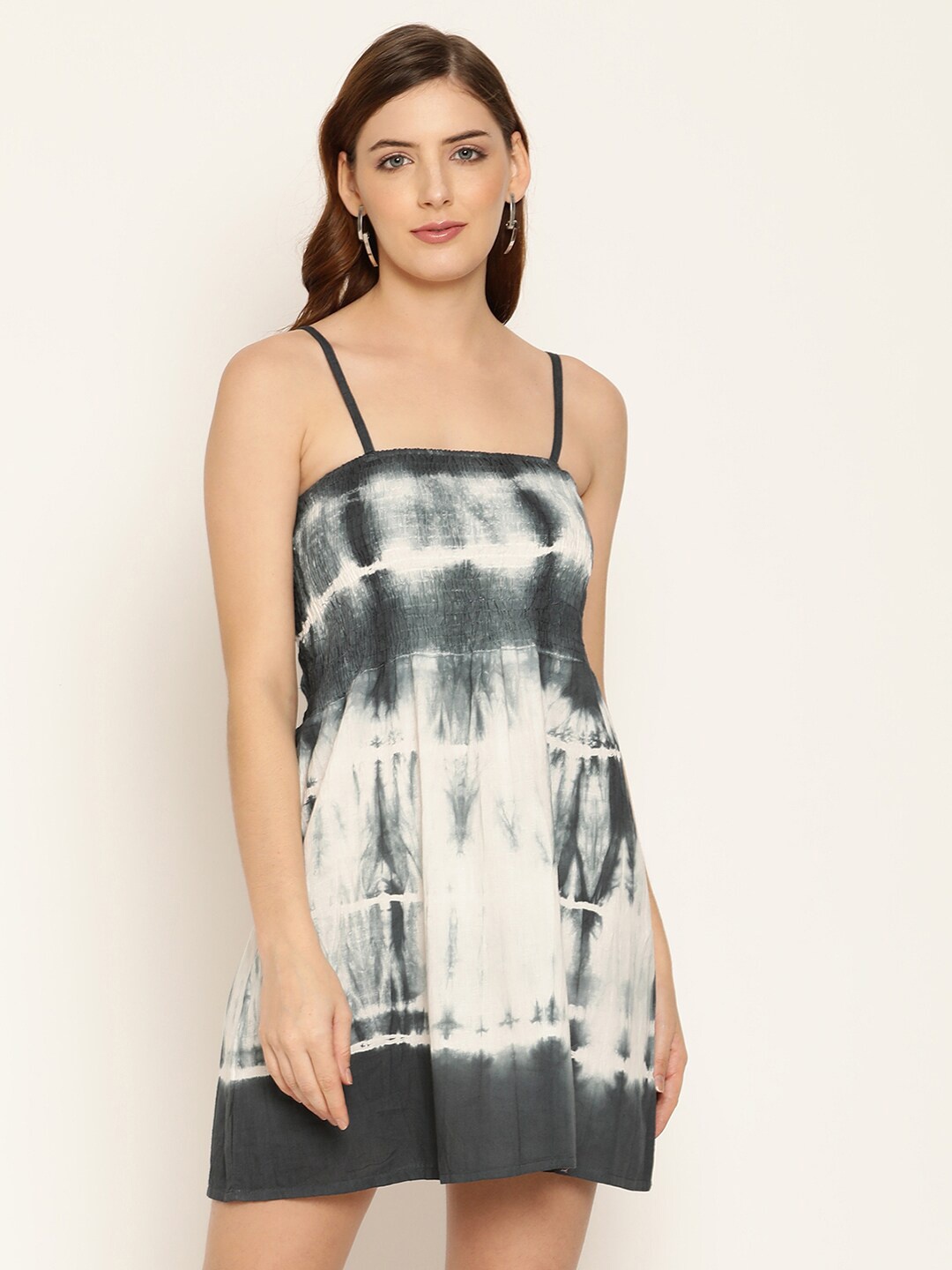 

BAESD Tie and Dye Smocked Cotton A-Line Mini Dress, Grey