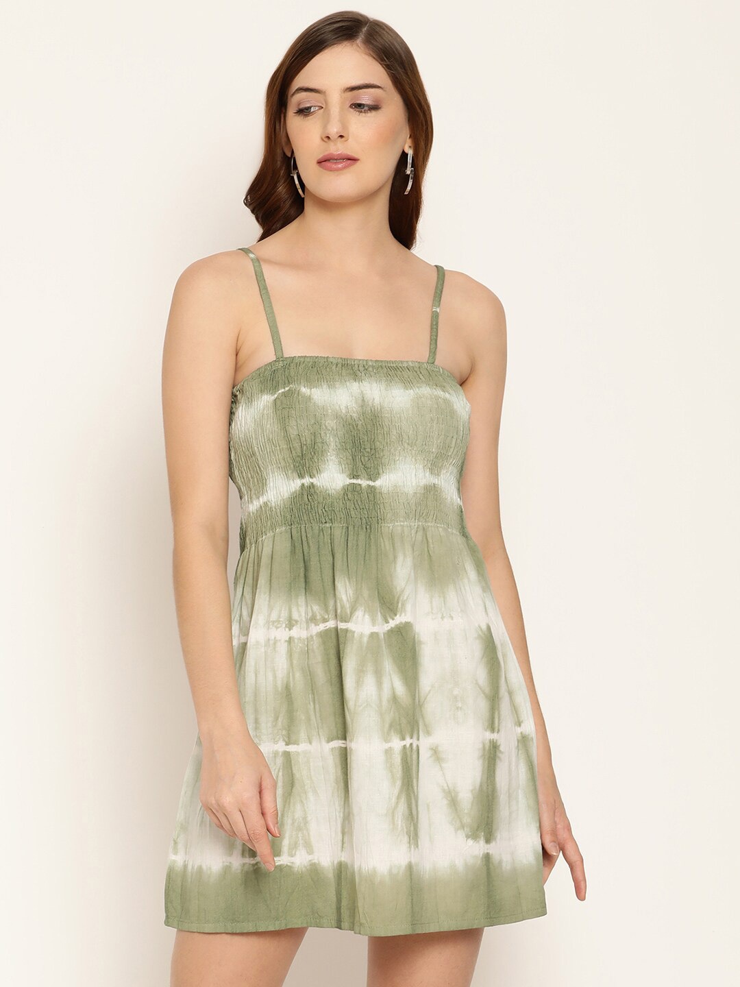 

BAESD Tie and Dye Smocked Cotton A-Line Mini Dress, Green